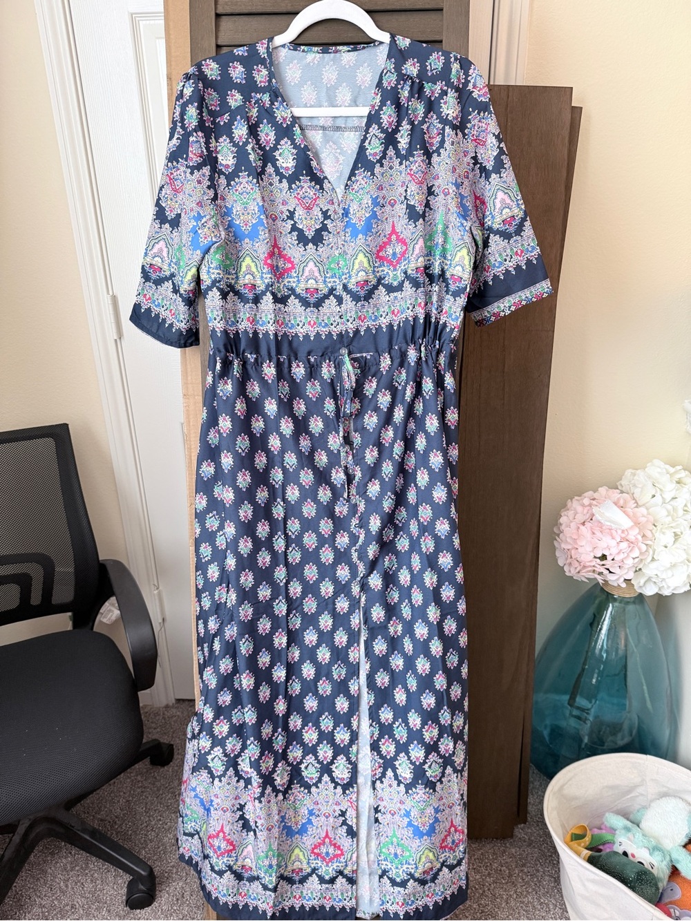 Navy Floral Border V-Neck Maxi Dress Size 20.